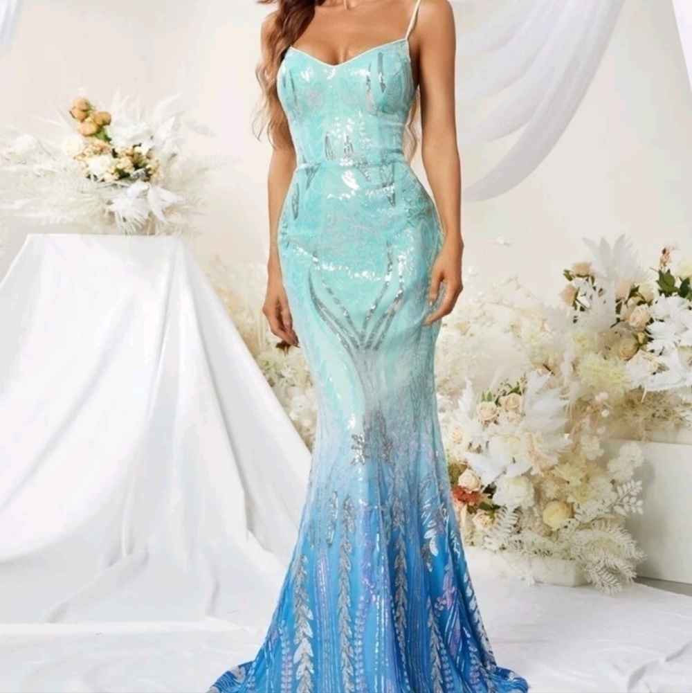 Multicolor All Over Print Ombre, Sequin, Crisscross Tie Back Mermaid Go…